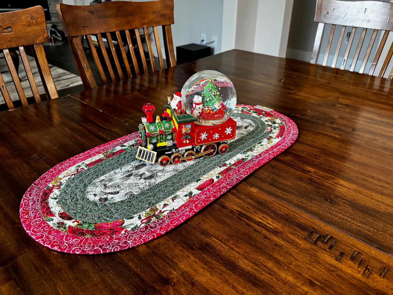 Christmas Jelly Roll Centerpiece – Quilted Holiday Table Runner with Cardinals and Greenery