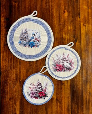 Winter Bluejay &amp; Dove Rope Trivets – Christmas Bird Hot Pads | Cottagecore Holiday Kitchen Decor