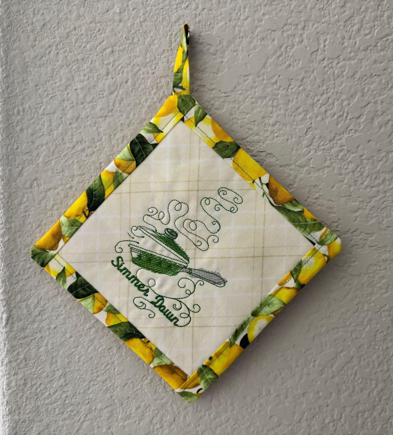 Simmer Down Embroidered Potholder – Handmade Hot Pad