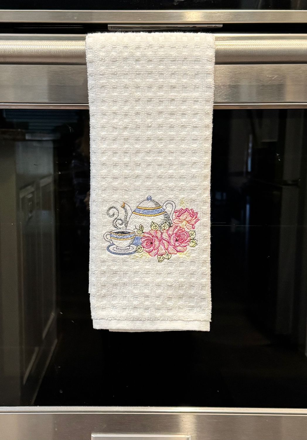 Teapot &amp; Roses Embroidered Tea Towel