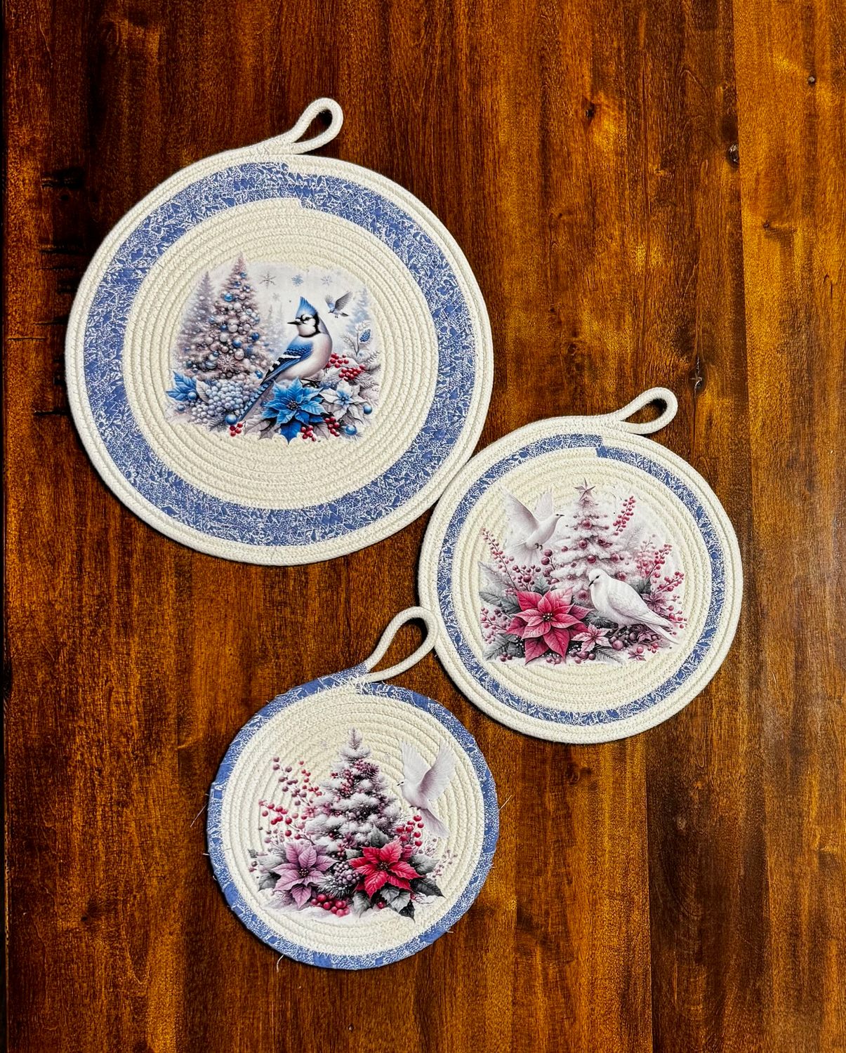 Winter Bluejay &amp; Dove Rope Trivets – Cottagecore Holiday Decor