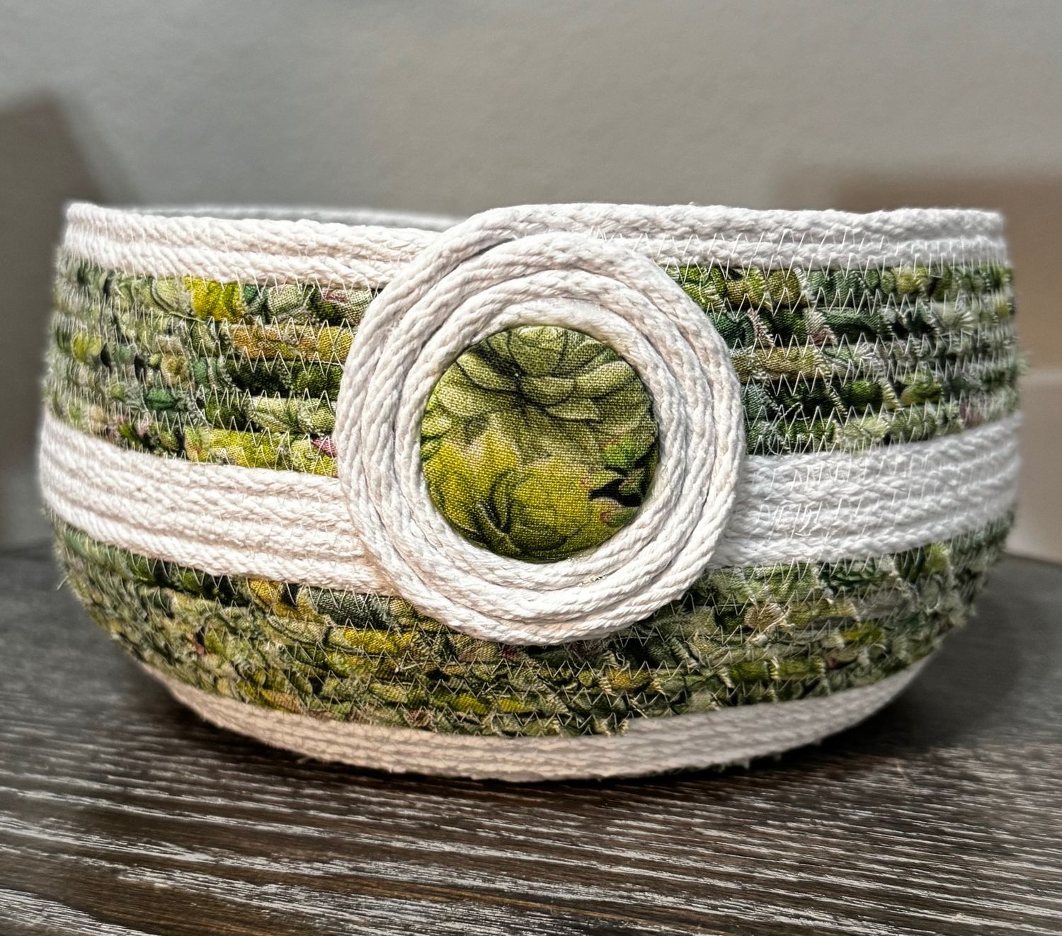 Handcrafted Rope Bowl with Decorative Fabric Covered Button Accent