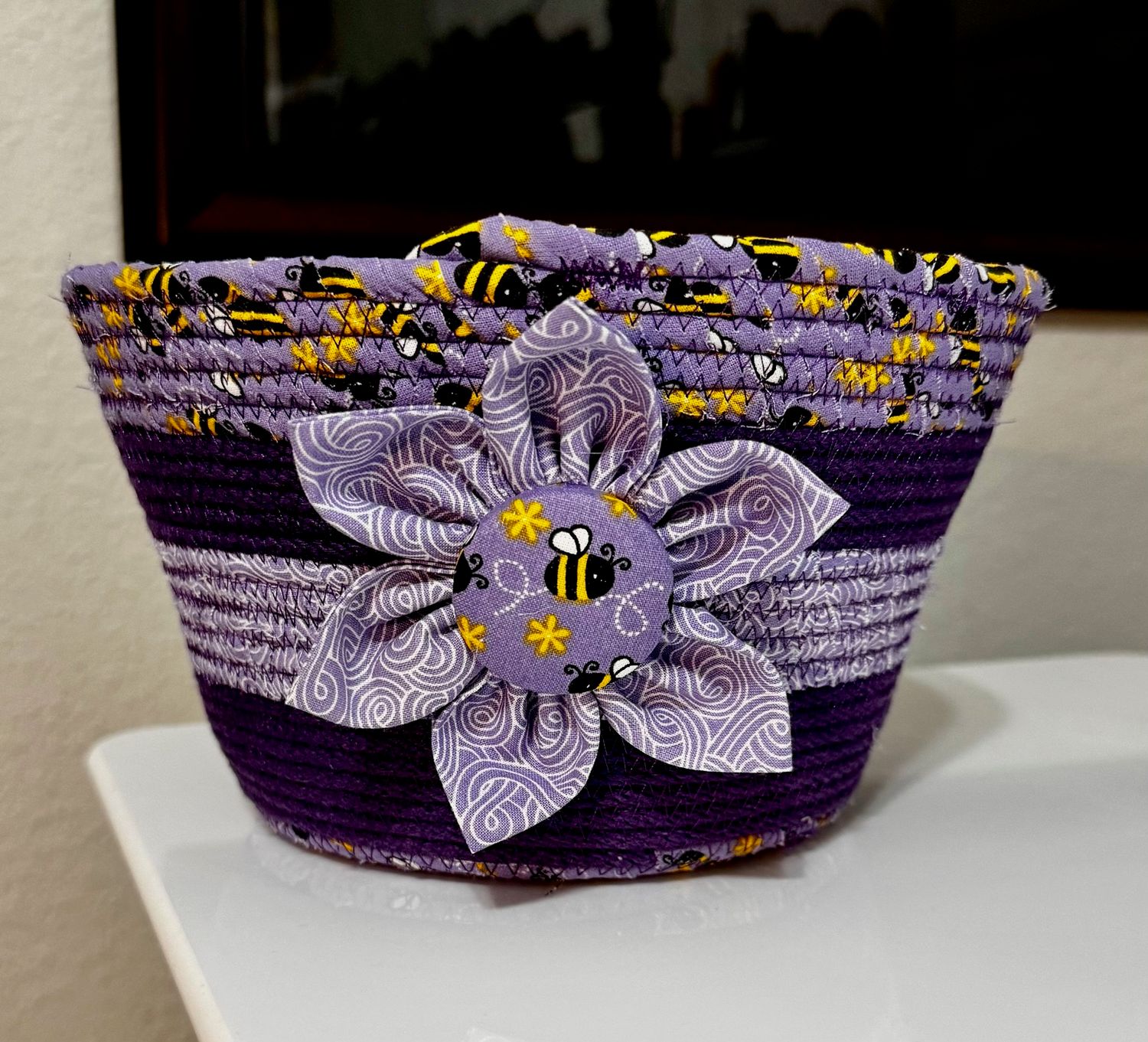 Purple Bee Fabric Rope Bowl with Flower Accent – Handmade Decorative Storage Basket