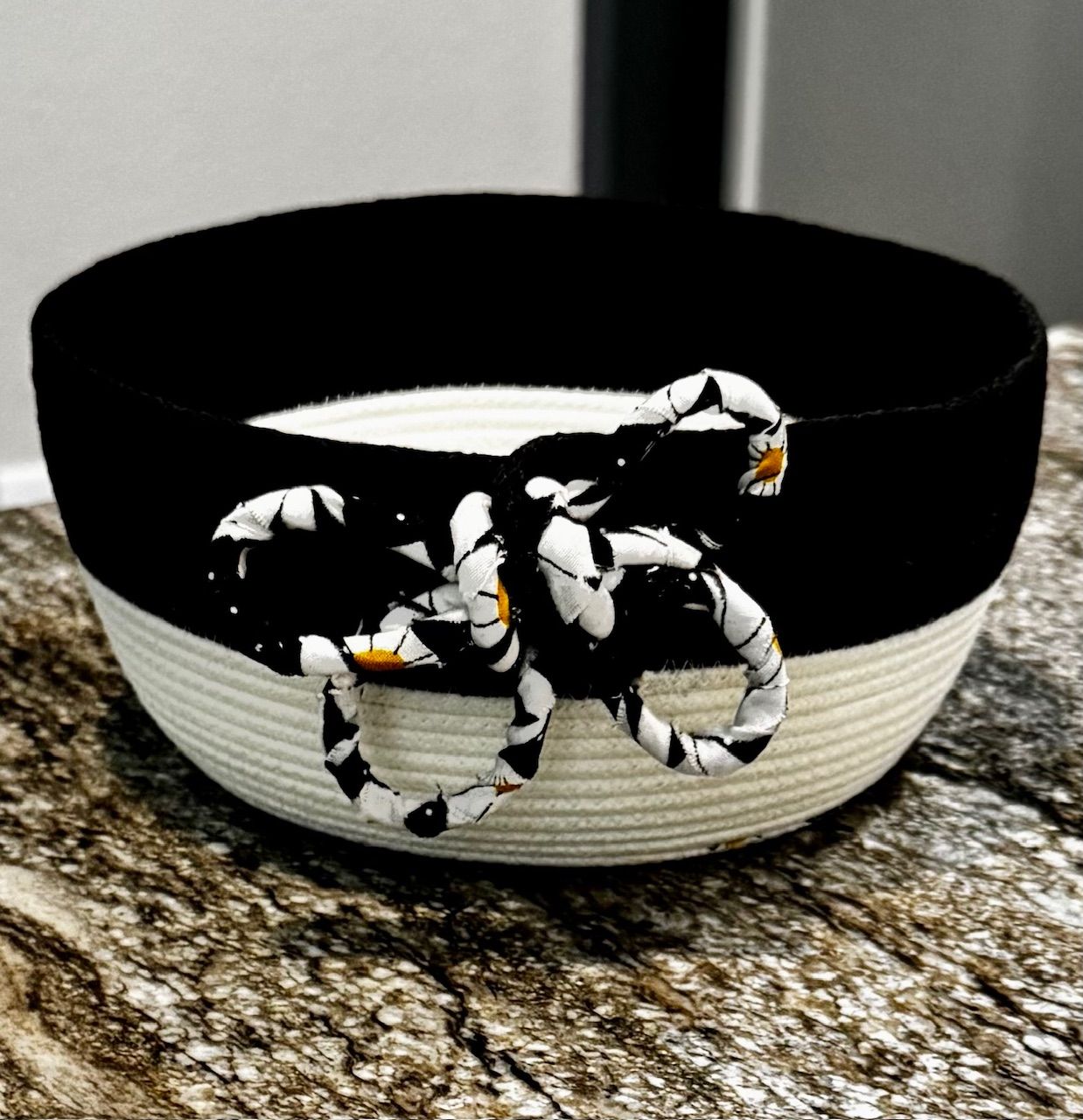 Handmade Black &amp; White Rope Bowl with Daisy Fabric-Modern Storage Basket