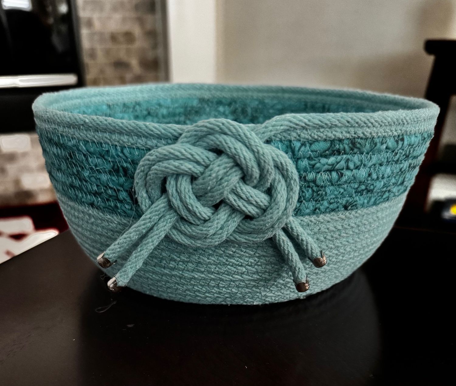 Handmade Turquoise Rope Basket with Decorative Knot