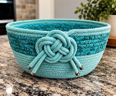 Turquoise Rope Basket with Decorative Knot