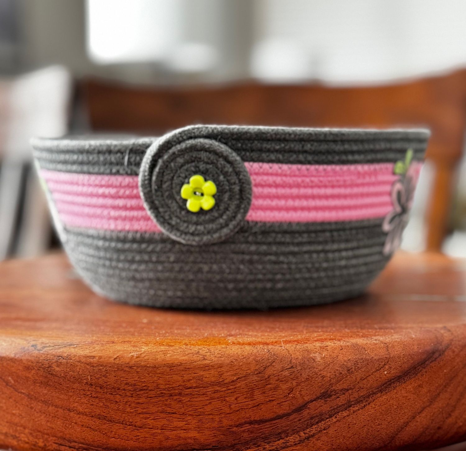 Gray &amp; Pink Rope Bowl Basket with Floral Fabric Base | Handmade Storage Bowl | Farmhouse Organizer | Decorative Catchall Bin