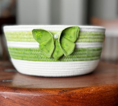 Green Rope Basket with Butterfly, Cottage Garden Storage Bowl, Spring Home Decor, Farmhouse Gift Idea