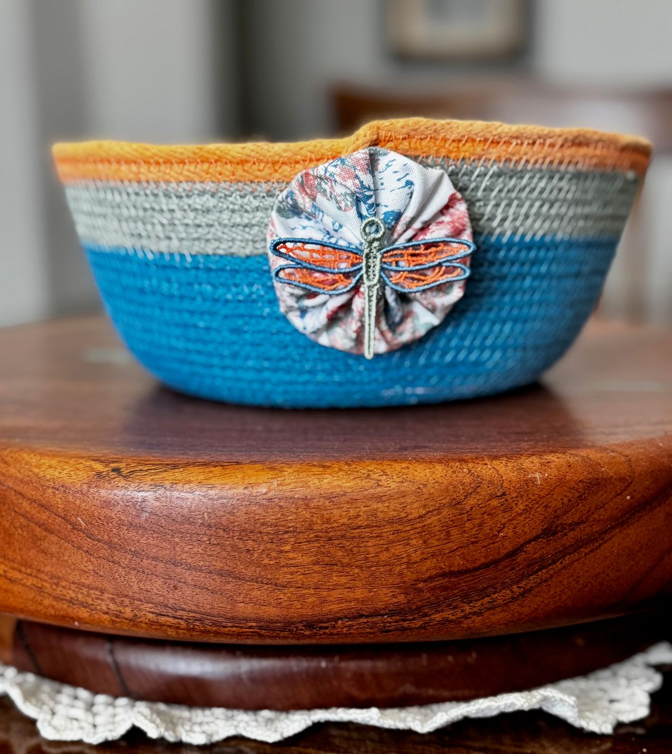 Blue Sage &amp; Peach Rope Bowl with Dragonfly Accent | Handmade Decorative Storage Basket | Coastal Cottage Organizer