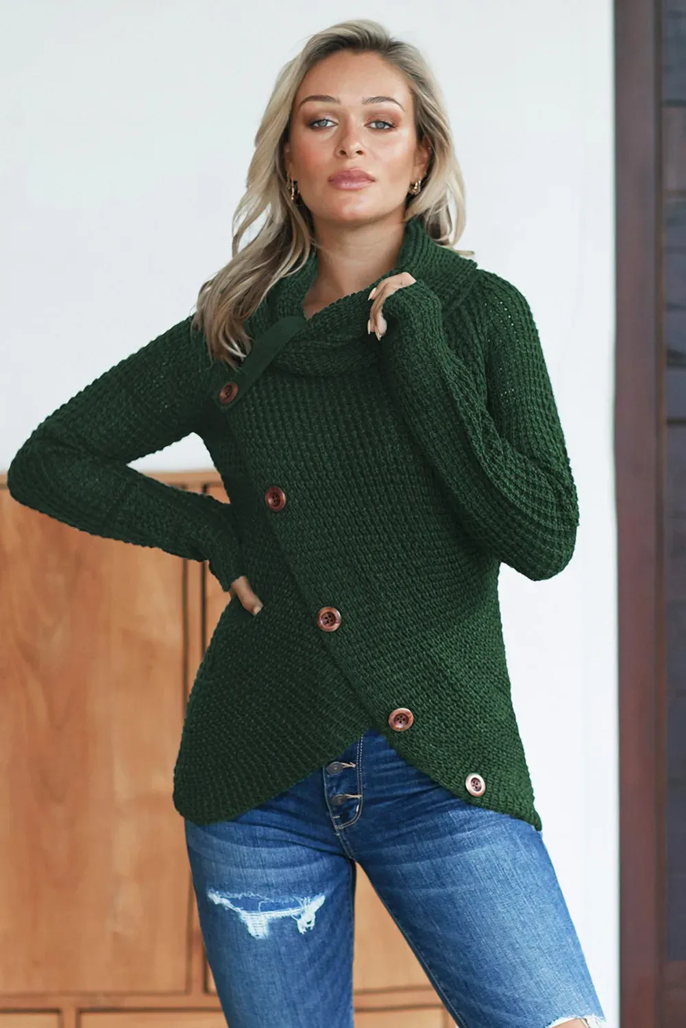 Buttoned Wrap Turtleneck Sweater