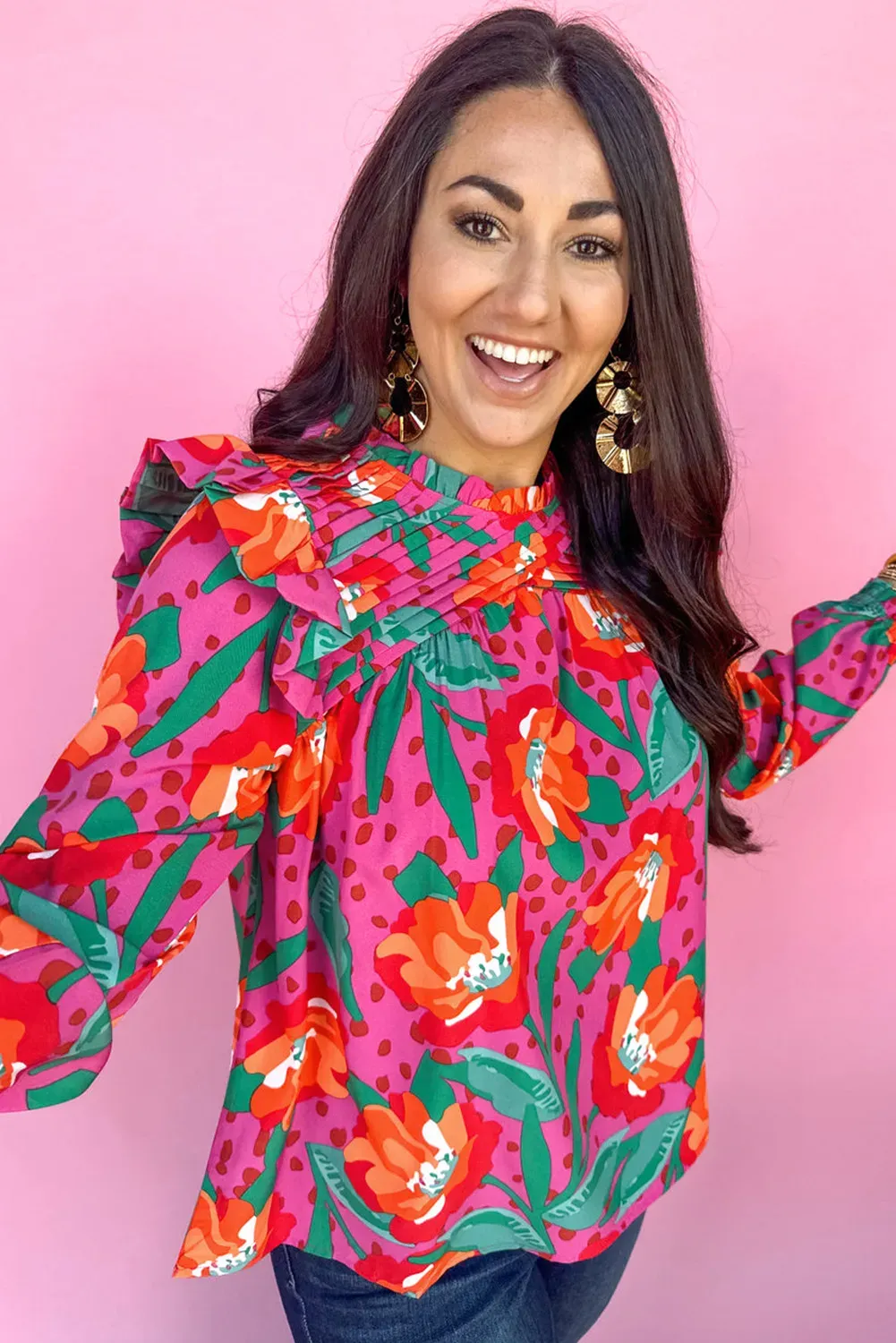 Curvelicious Rose Print Ruffle Blouse