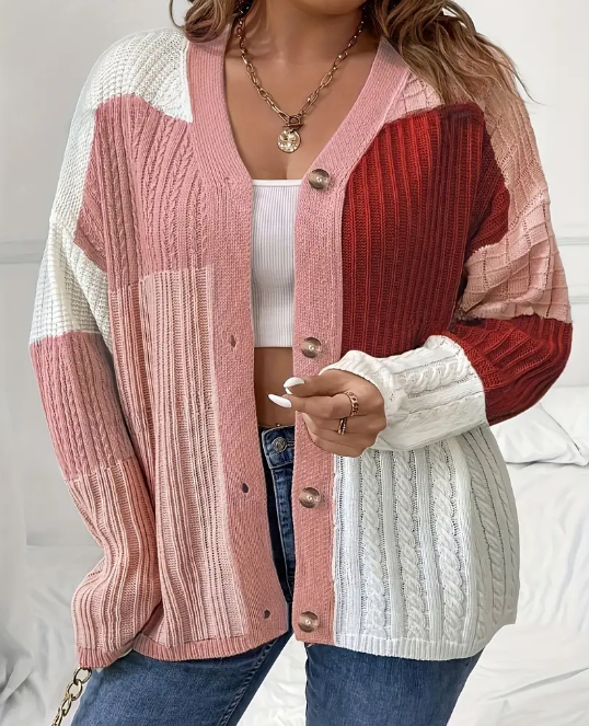 Curvelicious Color Block Pink Cardigan