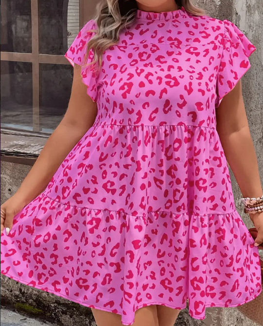 Curvelicious Pink Leopard Tiered Tunic Dress