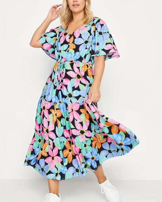 Curvelicious Floral Print Tiered Belted Dress