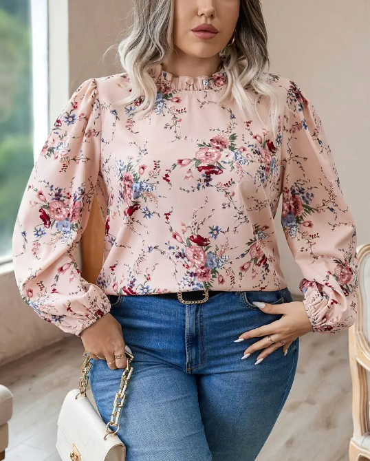 Curvelicious Floral Print Long Sleeve Blouse