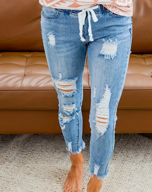 Curvelicious Distressed Denim Jeans with Elastic Drawstring Waist