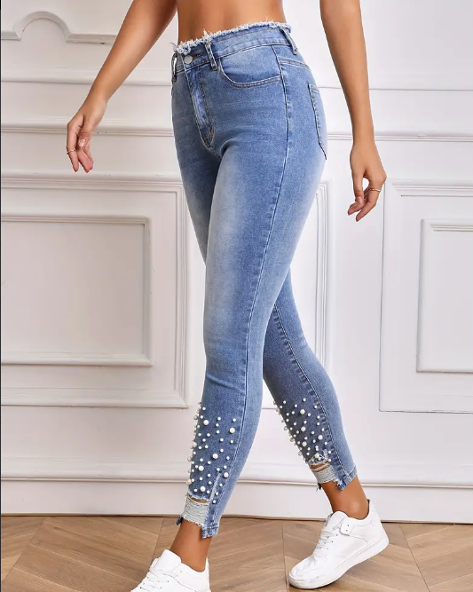 Faux Pearl Skinny Denim Jeans