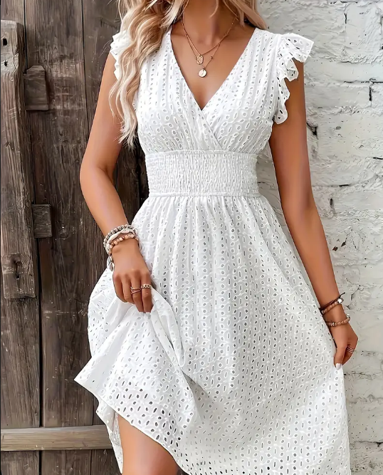 Flirty Eyelet A-line Ruffle Trim Dress