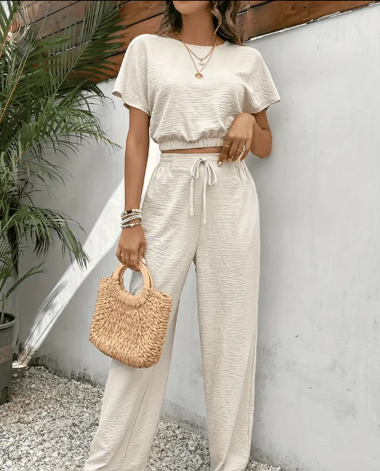 Chic Solid Color Batwing Sleeve Crop Top &amp; Tie Front Pants Outfit Set