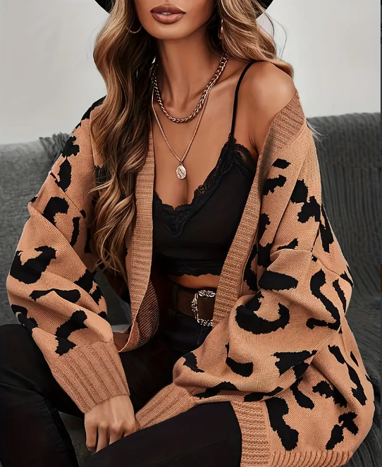 Chic Leopard Print Knit Cardigan