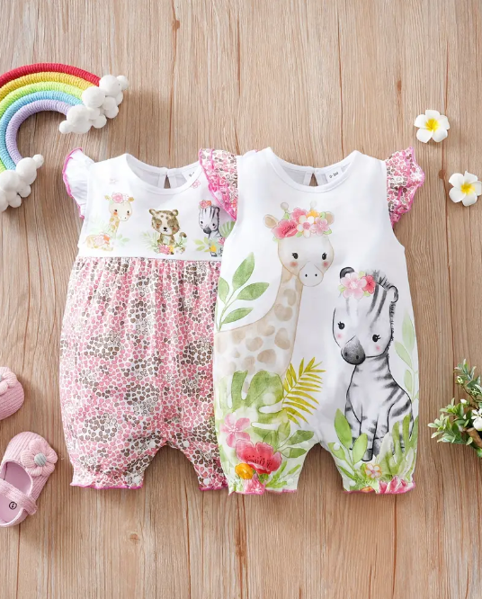 2pcs Baby&#39;s Cartoon Giraffe Zebra Print Cotton Bodysuit Set