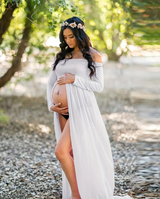 Maternity Solid Chiffon Off The Shoulder Design Dress