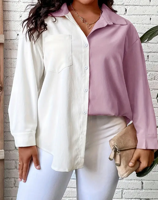 Curvelicious Pink &amp; White Colorblock Blouse