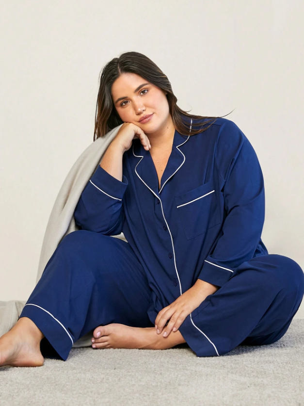 CURVELICIOUS Soft Cotton &amp; Modal Basic Long Pajama Set