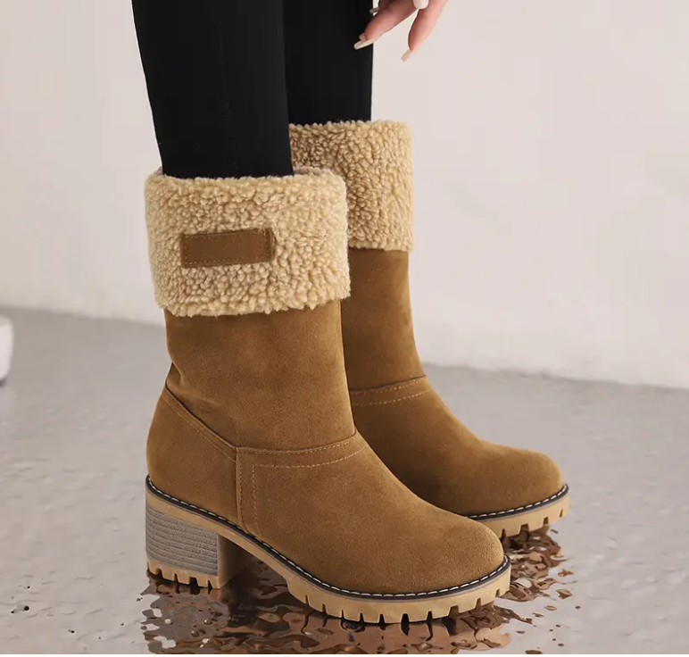 Stacked Heel Mid Calf Snow Boots