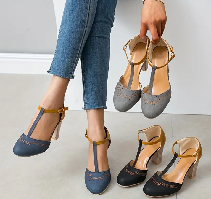 T-strap Round Toe Block Heels