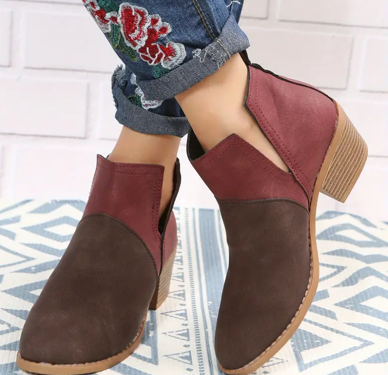 Round Toe V-cut Slip On Mid Heels