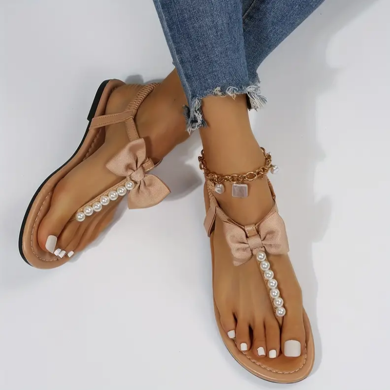 Bow Faux Pearl Flat Sandals