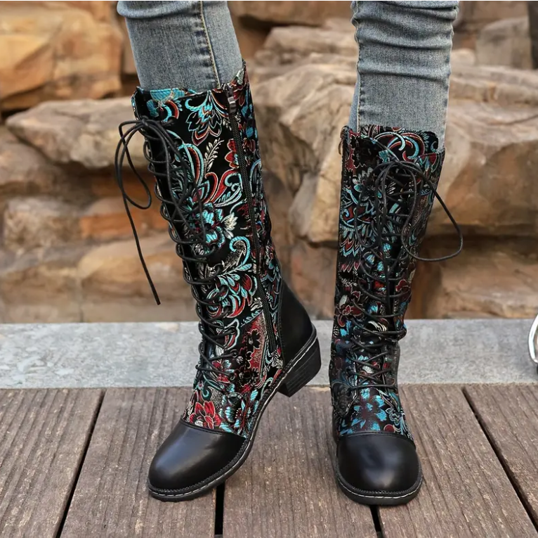 Colorful Floral Patterned Mid-Calf Boots