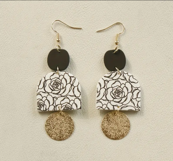 Geometric Shape Rose Flower Pattern Dangle Earrings
