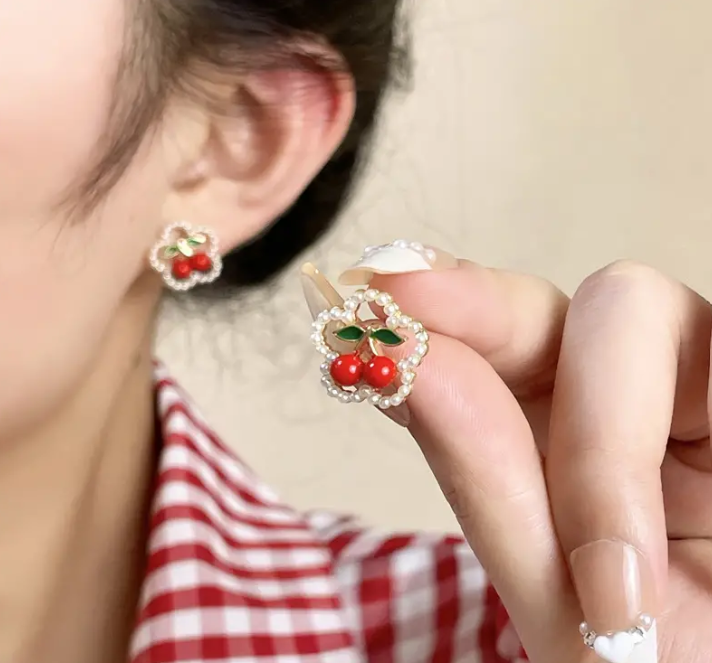 Faux Pearl Decor Red Cherry Flower Stud Earrings