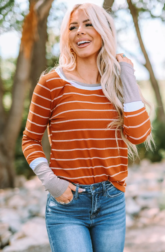 Color Block Cuffs Rib Knit Striped Pullover
