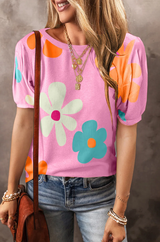Flower Print Bubble Sleeve Tee