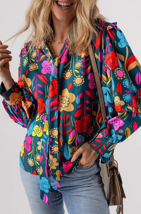 Green Floral Knot Split Neck Puff Sleeve Blouse