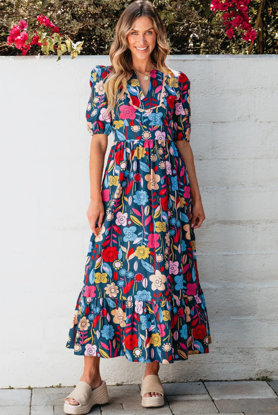 Retro Floral Printed Split Neck Maxi Dress