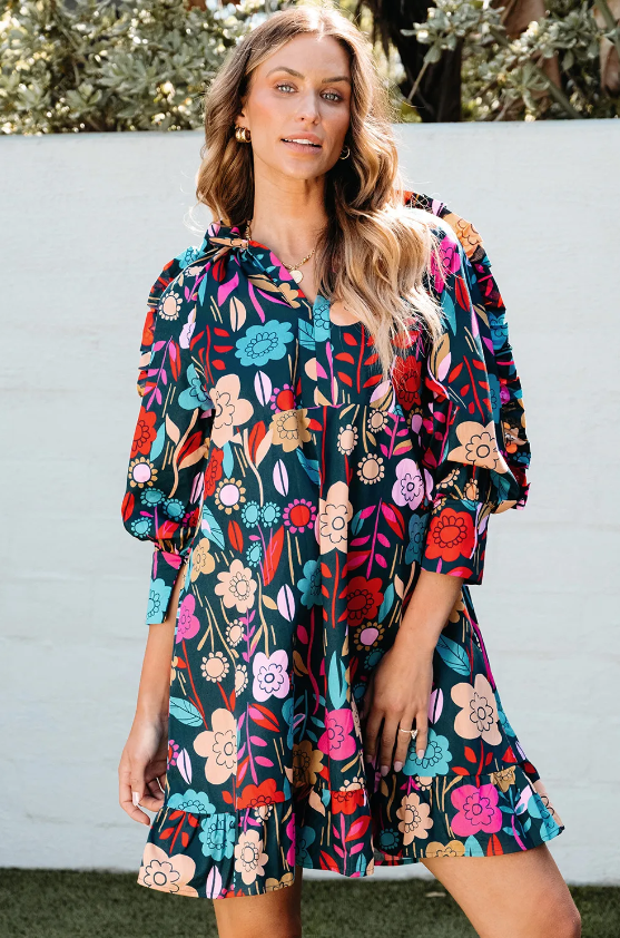 Floral Print Puff Sleeve Ruffled Mini Dress