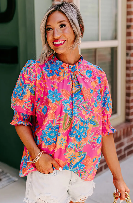 Frilly Mock Neck Short Puff Sleeve Floral Blouse