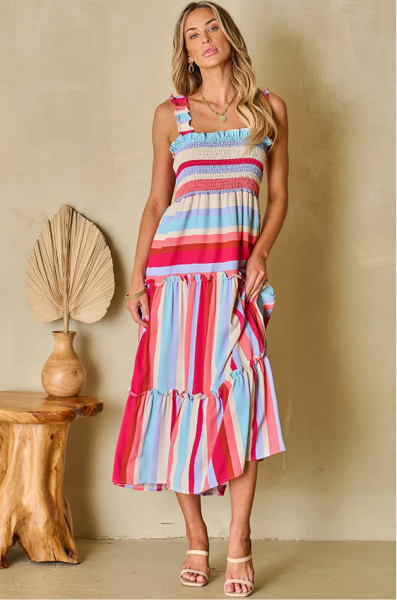 Red Stripe Ruffled Straps Smocked Tiered Long Dress