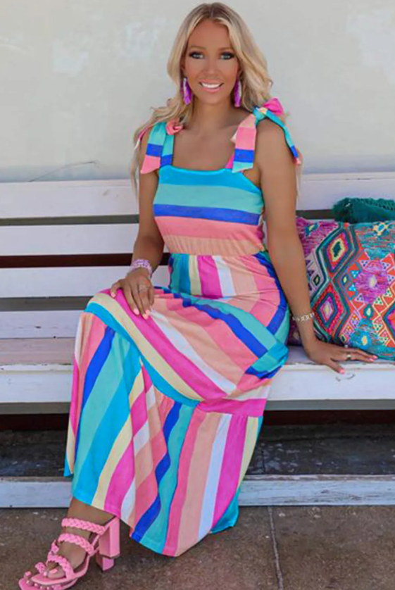 Multicolor Color Block Striped Bow Knot Straps Maxi Dress