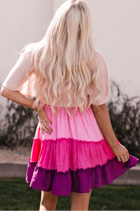Pink Ombre Colorblock Tiered Dress