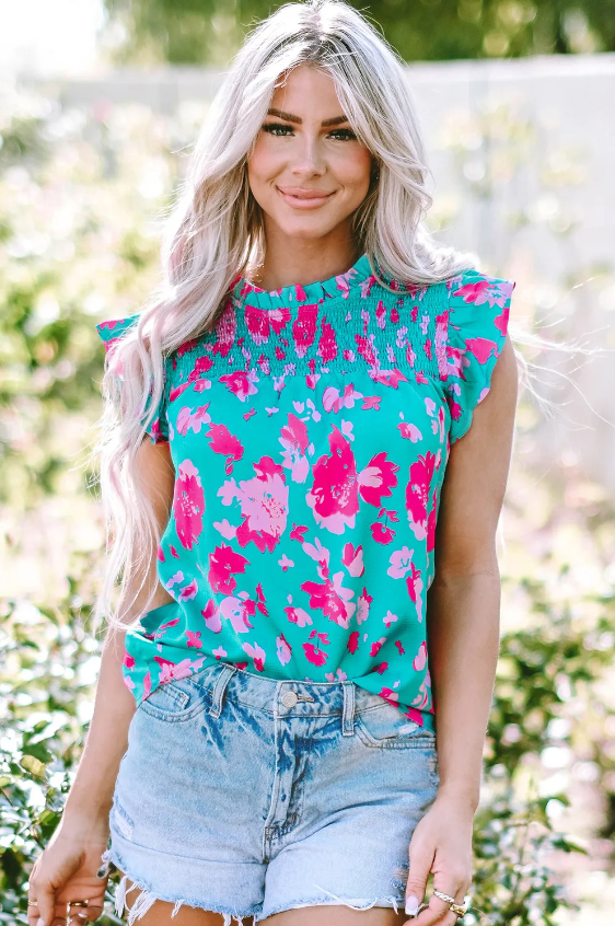 Floral Ruffled Flutter Sleeve Ruched Blouse