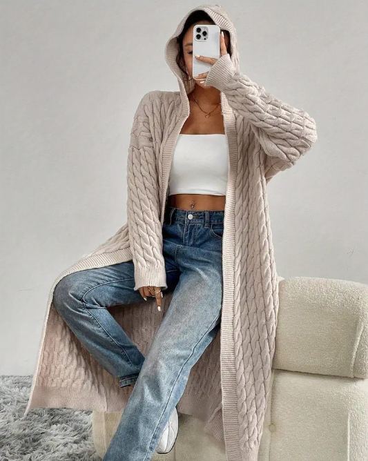 Open Front Hooded Twist Knitted Cardigan