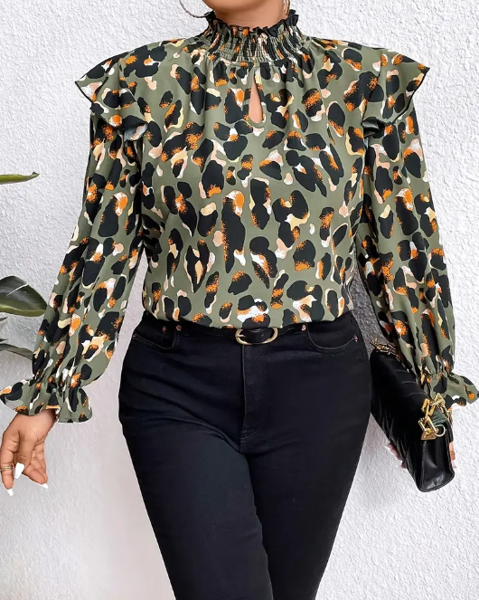 Curvelicious Green Leopard Print Ruffle Trim Blouse