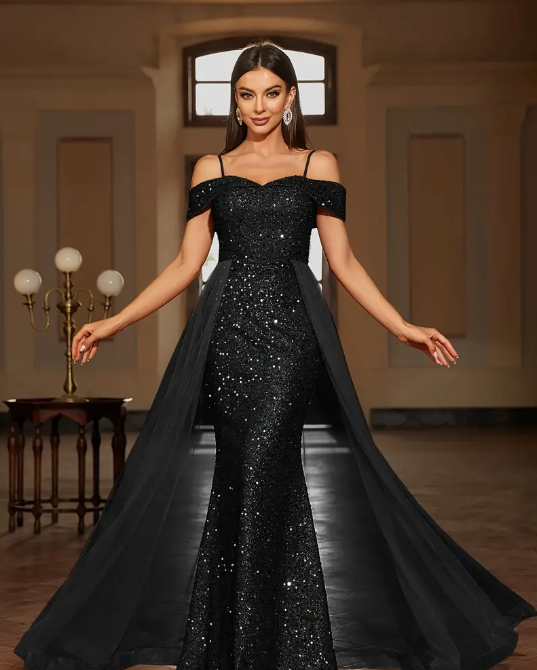 Sequined Contrast Mesh Cold Shoulder Asymmetrical Dress
