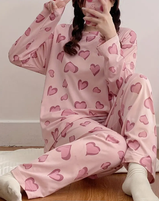 Heart Print Loose Fit Pajama Set