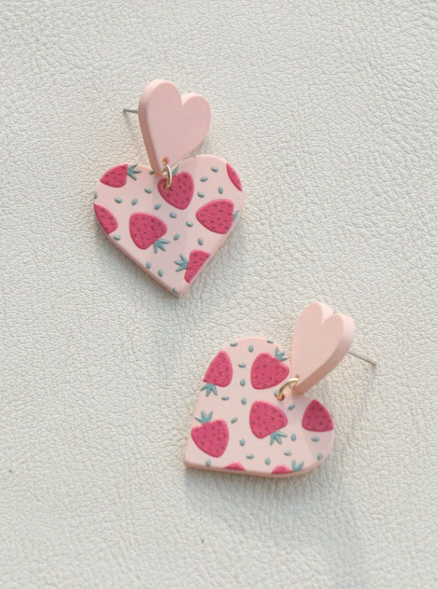 Heart &amp; Strawberry Design Doodle Drop Earrings